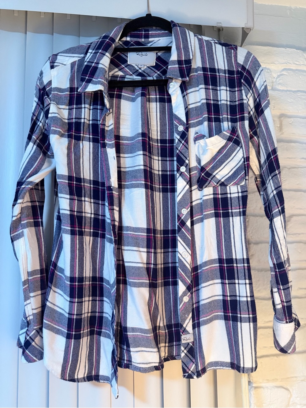 Rails Plaid Flannel Button Down Shirt Navy White Pink XS